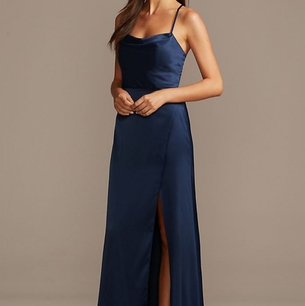 Shiny Charmeuse Cowl Neck Slip Dress with Slit